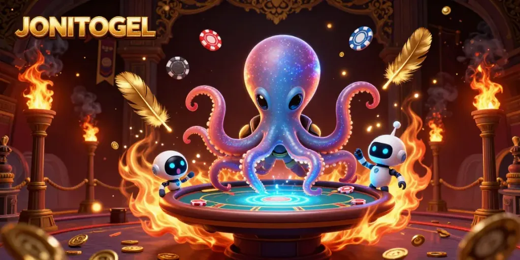 Experience thrilling poker action with JONITOGEL's dazzling alien octopus at the holographic table.