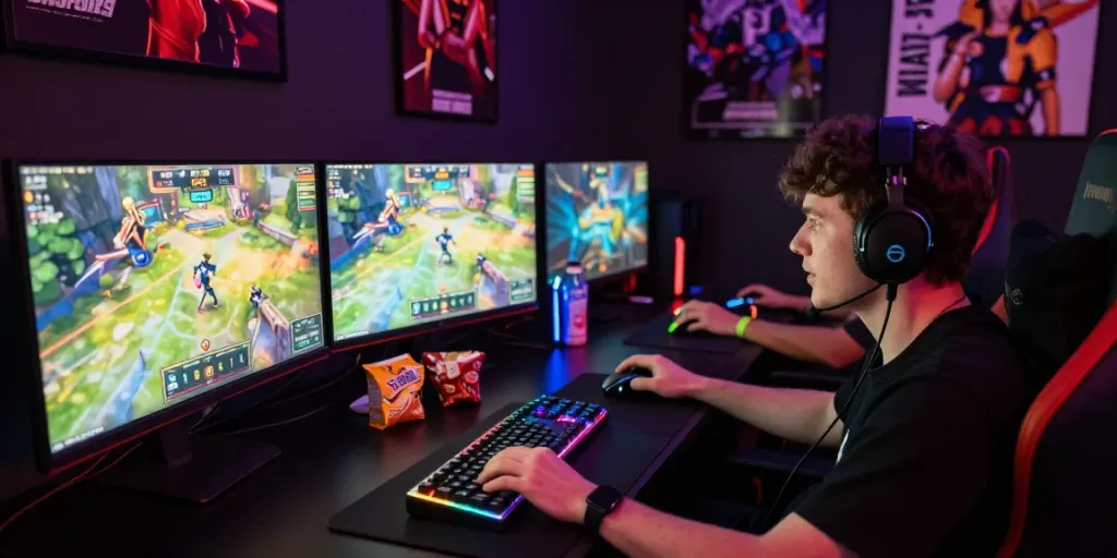 Aktivitas bermain sniperslot dengan gamer bersemangat di ruang permainan dengan pencahayaan RGB.