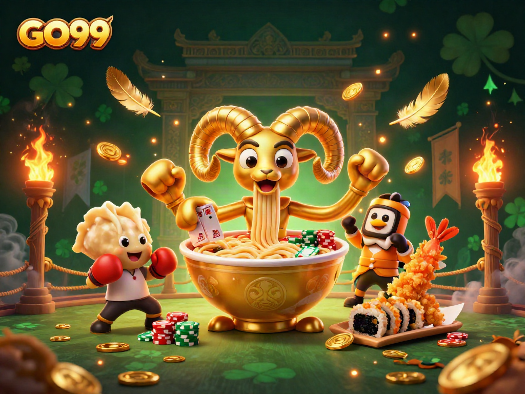 Engage with GO99 in a thrilling casino illustration featuring vibrant characters and dynamic elements.