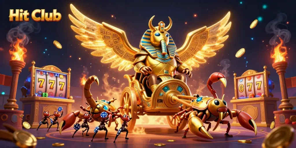 Hit Club captivates with a vibrant 3D casino scene filled with action, golden elements, and dynamic gaming features.