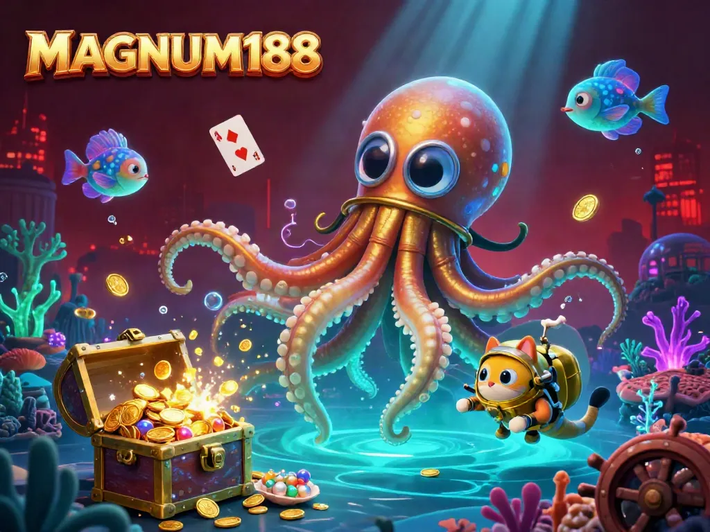 Experience thrilling online betting with MAGNUM188, featuring stunning kraken, diving cat, and deep-sea elements.