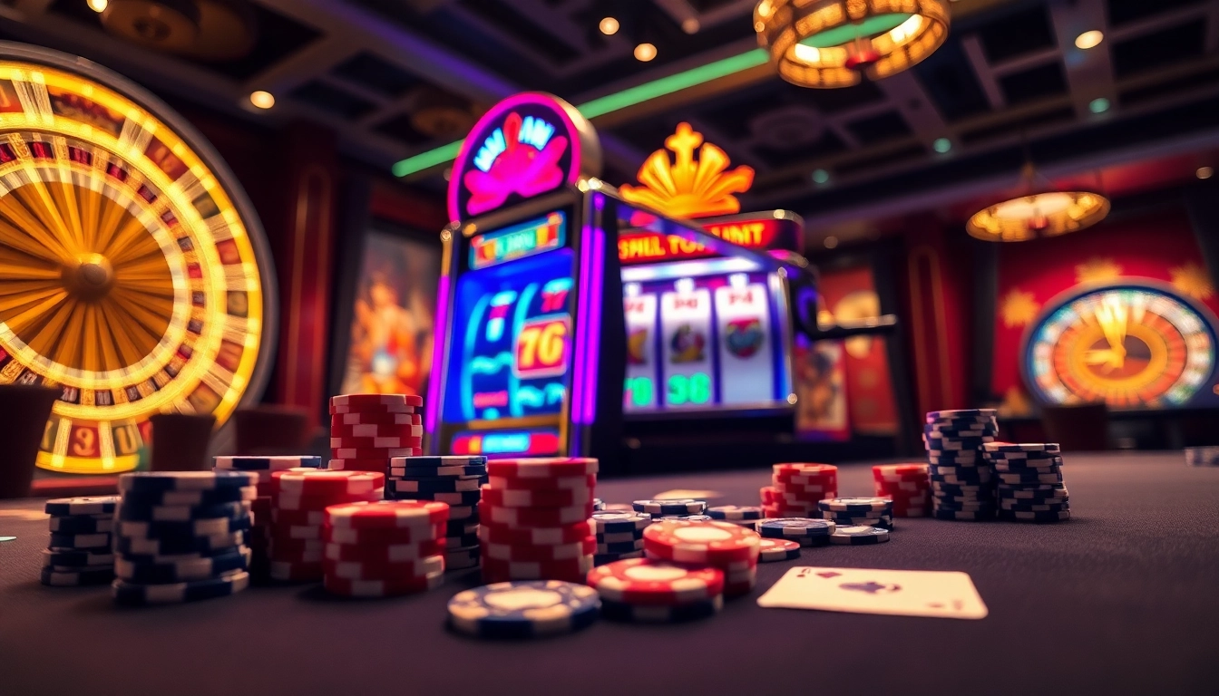 Experience the thrill of winning slot bonuses at a high-stakes casino with vibrant slot machines and poker chips.