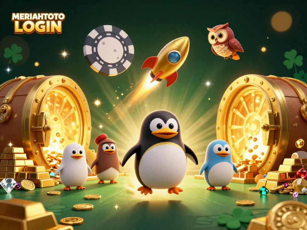 Login Meriahtoto menunjukkan penguin emas bertenaga roket dan chip poker di latar belakang kegelapan.