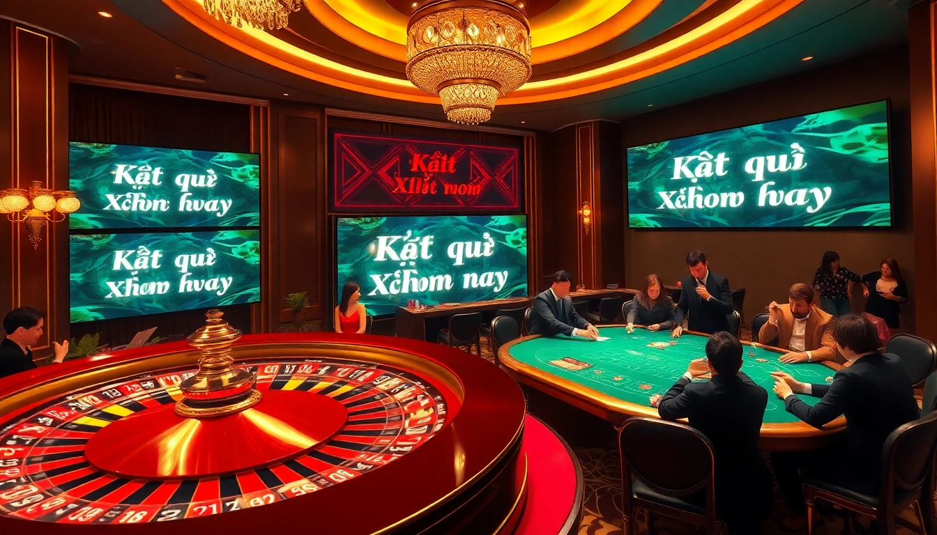 Exciting casino scene showcasing Kết quả xổ số hôm nay with players at a roulette wheel.