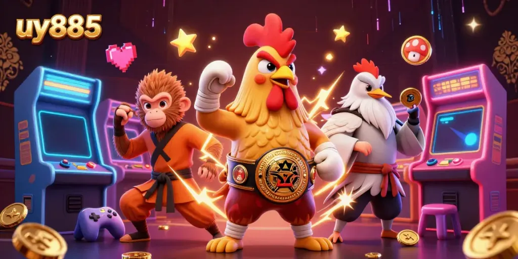 Experience thrilling gaming adventures with uy885, featuring cartoon characters in vibrant casino settings.
