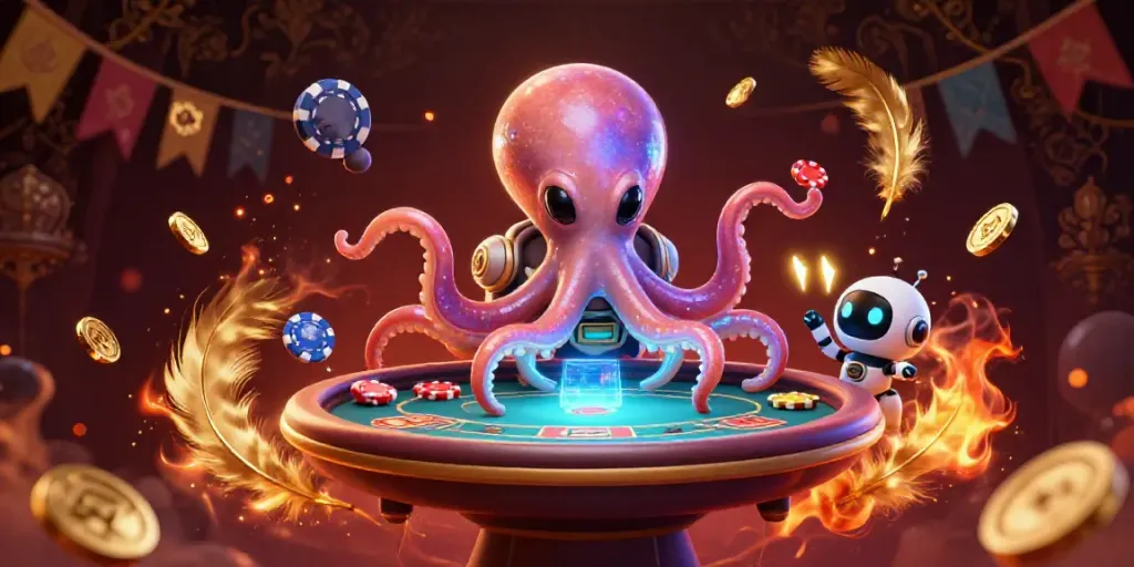 Fitur totobet luar angkasa dengan meja poker holografik dikelilingi koin emas dan efek api.