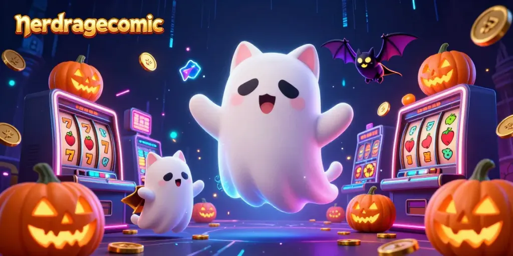 NerdRageComic menampilkan kucing hantu bermain jackpot di kasino berhantu yang penuh warna dan ceria