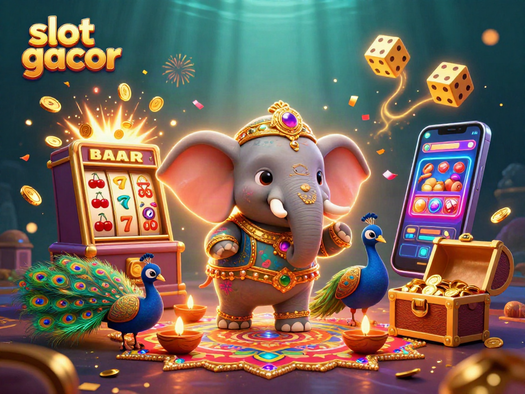 Putaran slot gacor dengan gajah Diwali dan burung merak, menghadirkan keberuntungan dalam permainan.