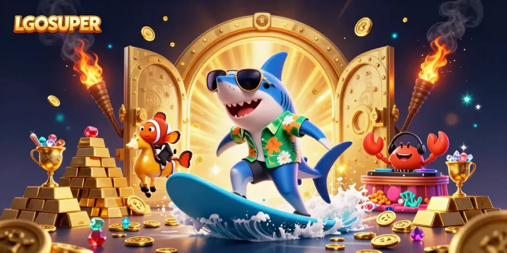 Experience the thrill of winning on LGOSUPER with a vibrant, engaging online casino scene featuring colorful characters and sparkling treasures.
