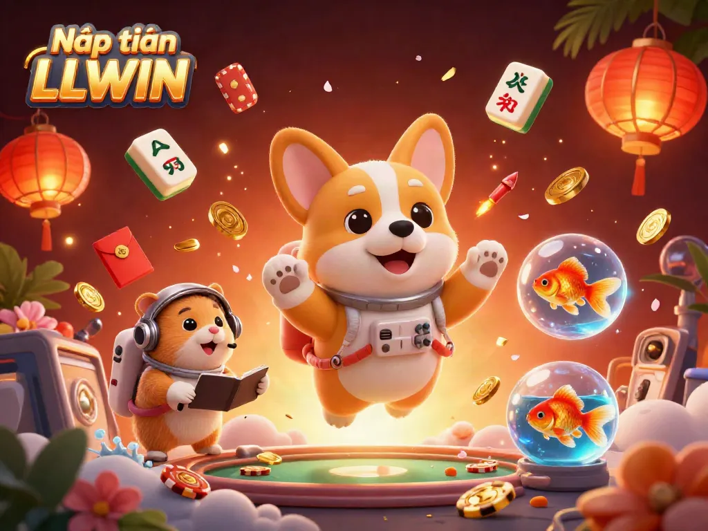 Play and win with Nạp tiền LLWIN featuring a friendly astronaut corgi and festive casino elements in a vibrant space scene.