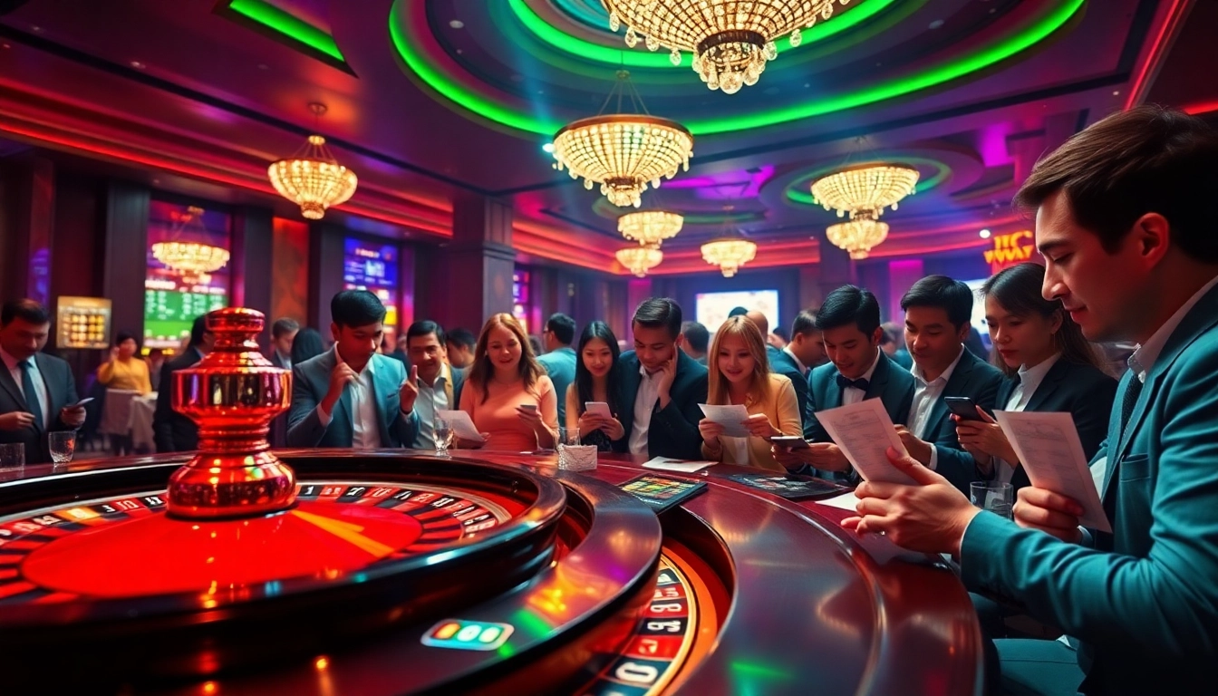 Xổ số 3 miền hôm nay showcases players eagerly awaiting lottery results at an exciting casino.