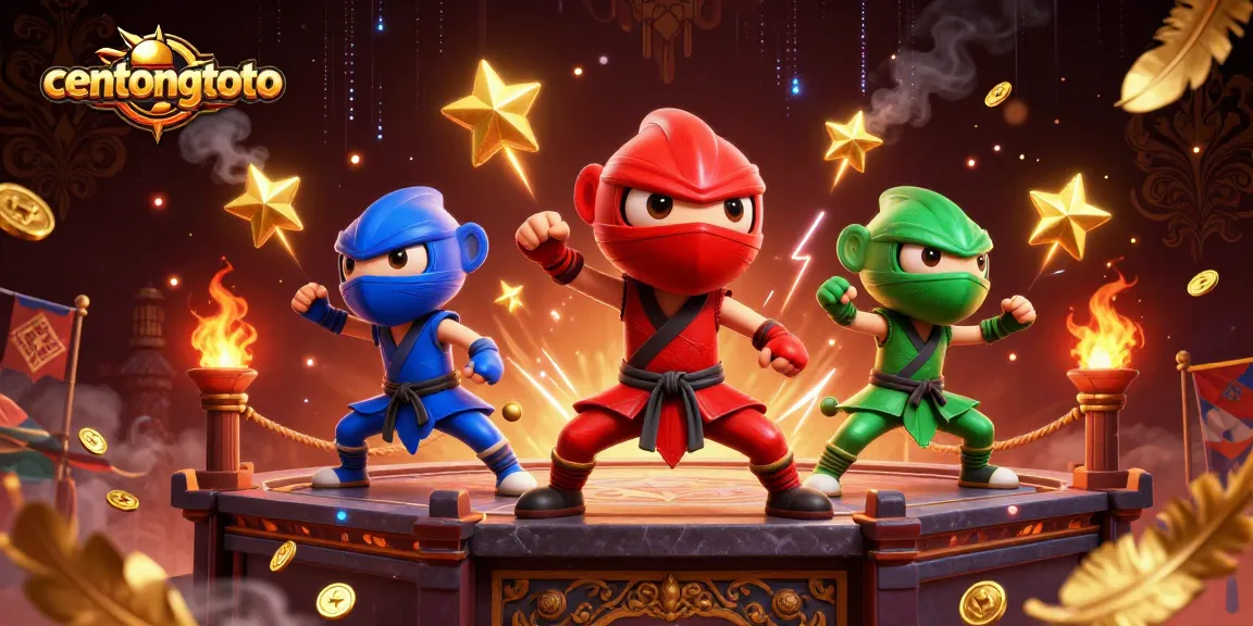 Menampilkan tim ninja chameleon centongtoto yang beraksi di arena perjudian, penuh warna.