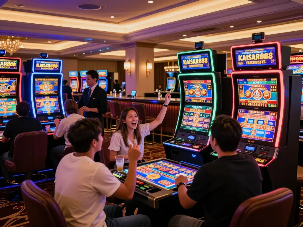 Kaisar888 slot players celebrating wins under bright casino lights, vibrant atmosphere.