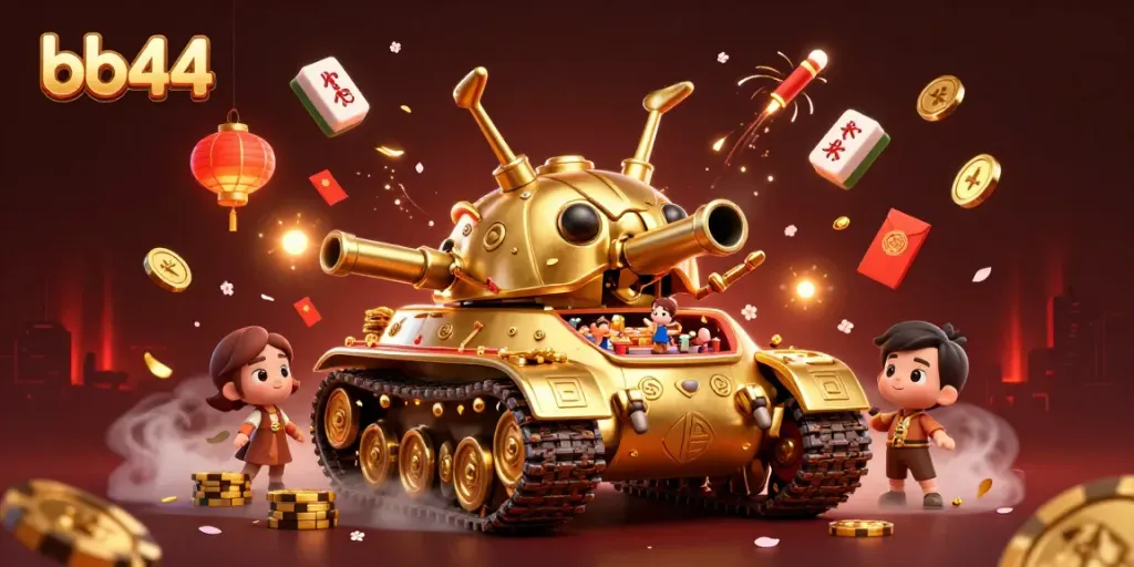 Engaging 3D casino scene showcasing bb44-themed golden beetle tank with miniature casino elements.
