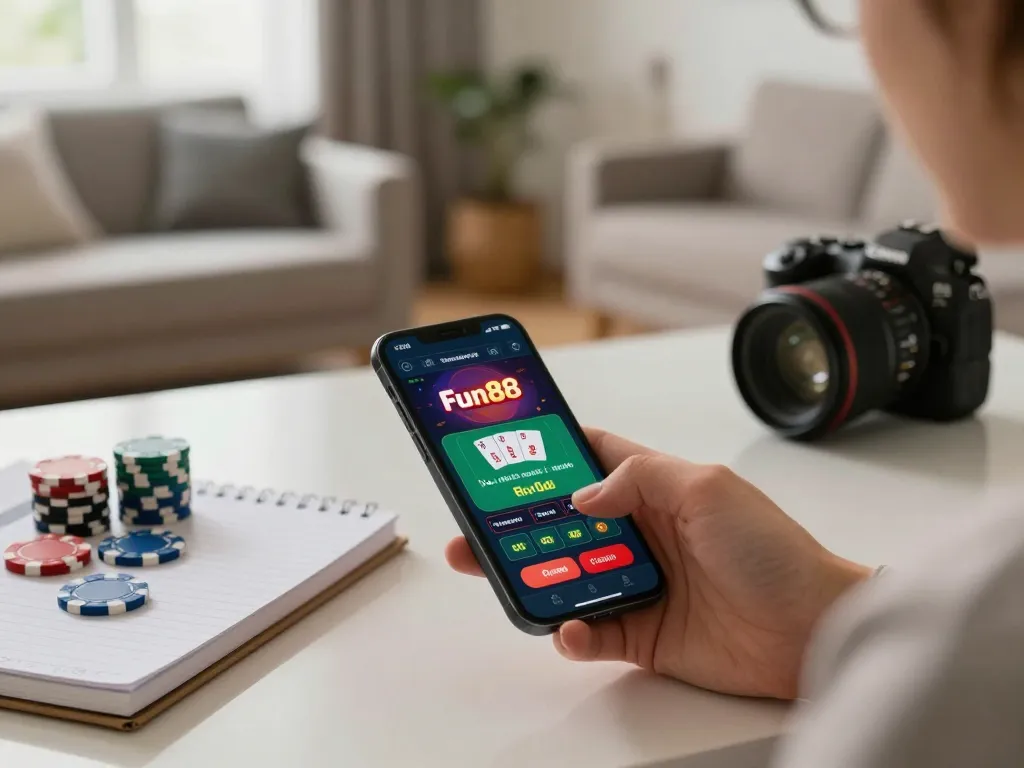 Experience engaging with the Fun88 app for online casino gaming in a modern home setup