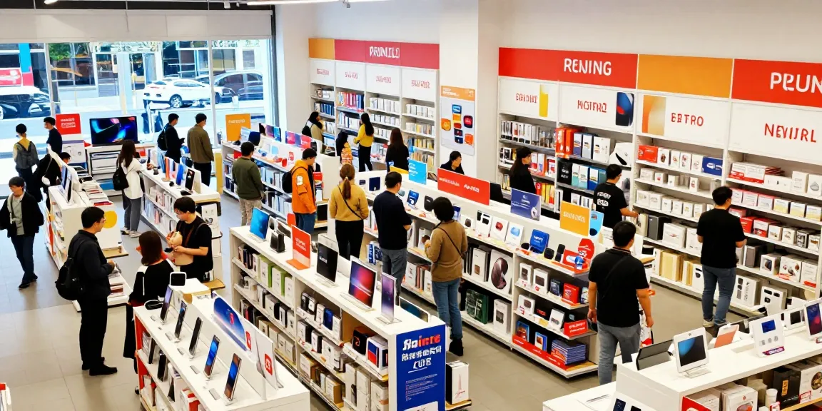 Shoppers engaging with various Produk in a vibrant retail environment.