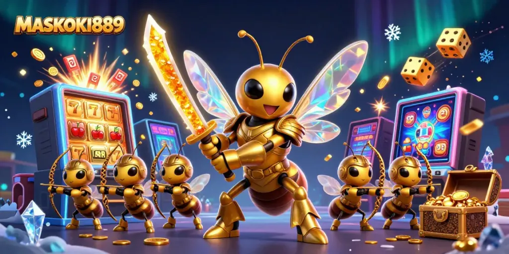 Experience thrilling jackpots at MASKOKI889 with an enticing scene of golden characters amidst casino excitement.
