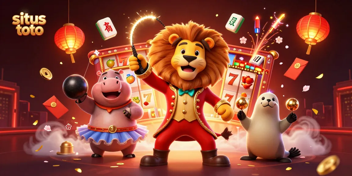 Engage with situs toto in an exciting casino scene featuring a circus-like atmosphere with vibrant characters!