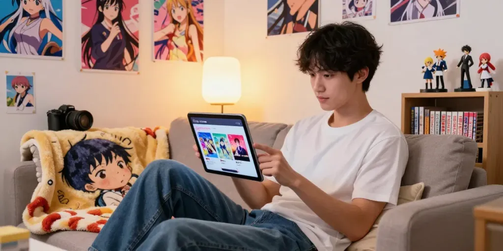 Aplikasi APK Kucing di tablet dalam suasana nyaman berselimut anime, menampilkan koleksi karakter anime di latar belakang.