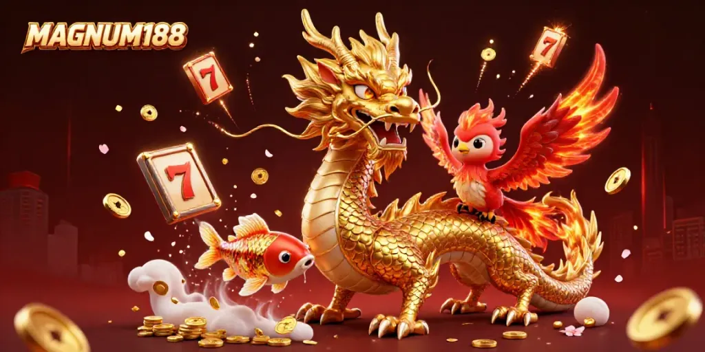Experience thrilling jackpots with MAGNUM188 featuring stunning dragon and phoenix illustrations.