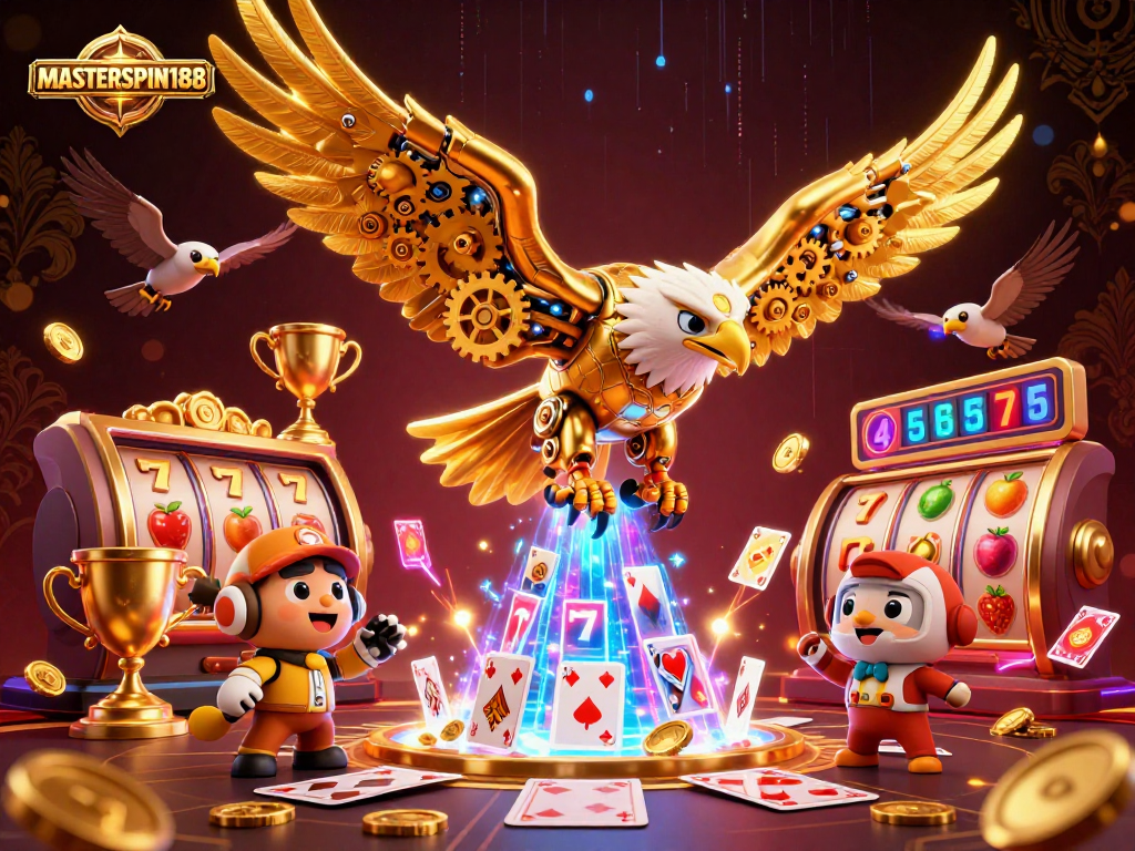 Experience the excitement of MASTERSPIN188 slot reels combined with a cybernetic eagle diving through holographic cards.