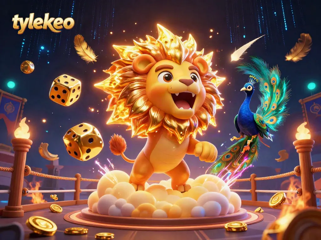 Engage with tylekeo’s dynamic sports betting scene featuring a roaring sun lion amidst golden dice and vibrant elements.
