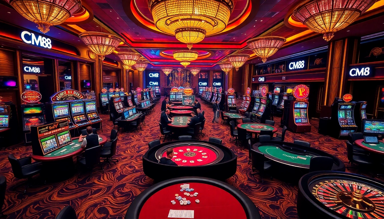 Players enjoying a thrilling game at a casino table with CM88 branding integrated into a vibrant atmosphere.