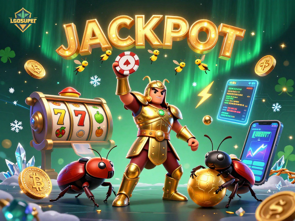Experience exciting jackpots with LGOSUPER illustrated by a victorious beetle and dazzling game elements.