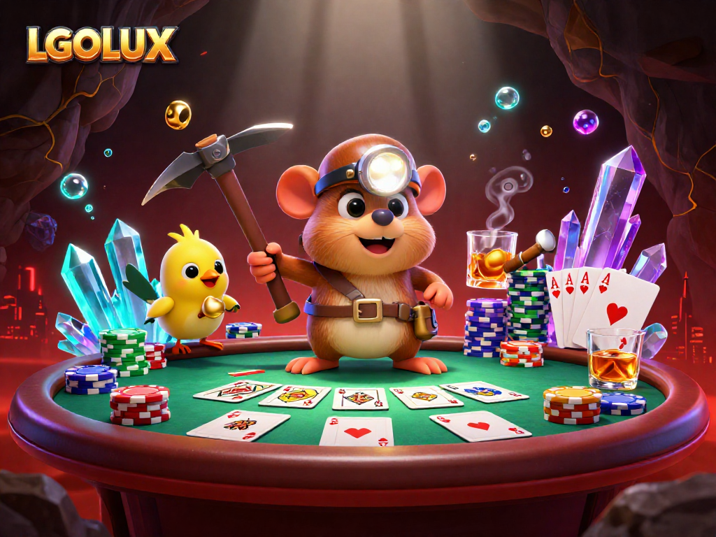Experience LGOLUX excitement with a treasure hunter mole and poker elements in this vibrant casino scene.