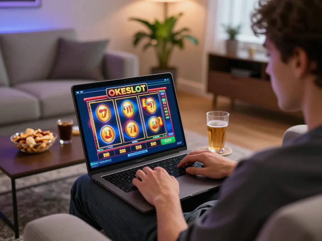 Engage with slots on OKESLOT during a cozy online gaming session at home, featuring colorful reels and snacks.