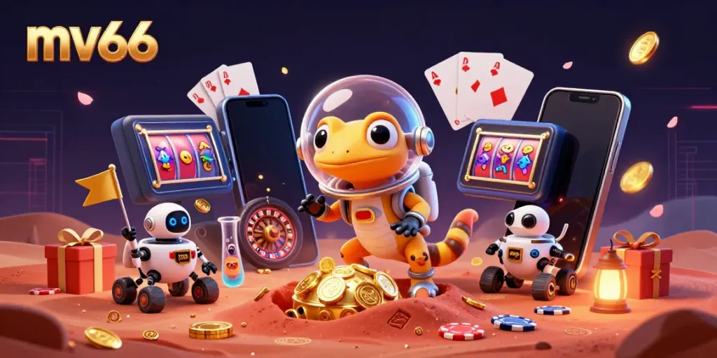 Experience thrilling gameplay with mv66, featuring vibrant slot games amidst a Martian backdrop.
