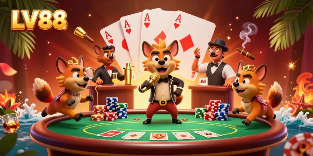 Engage with the vibrant atmosphere of LV88's 3D casino scene featuring hyenas enjoying a lively comedy club.
