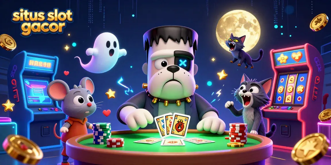 Permainan situs slot gacor dengan karakter unik dan mesin slot yang mengesankan, semua dalam satu ilustrasi 3D.