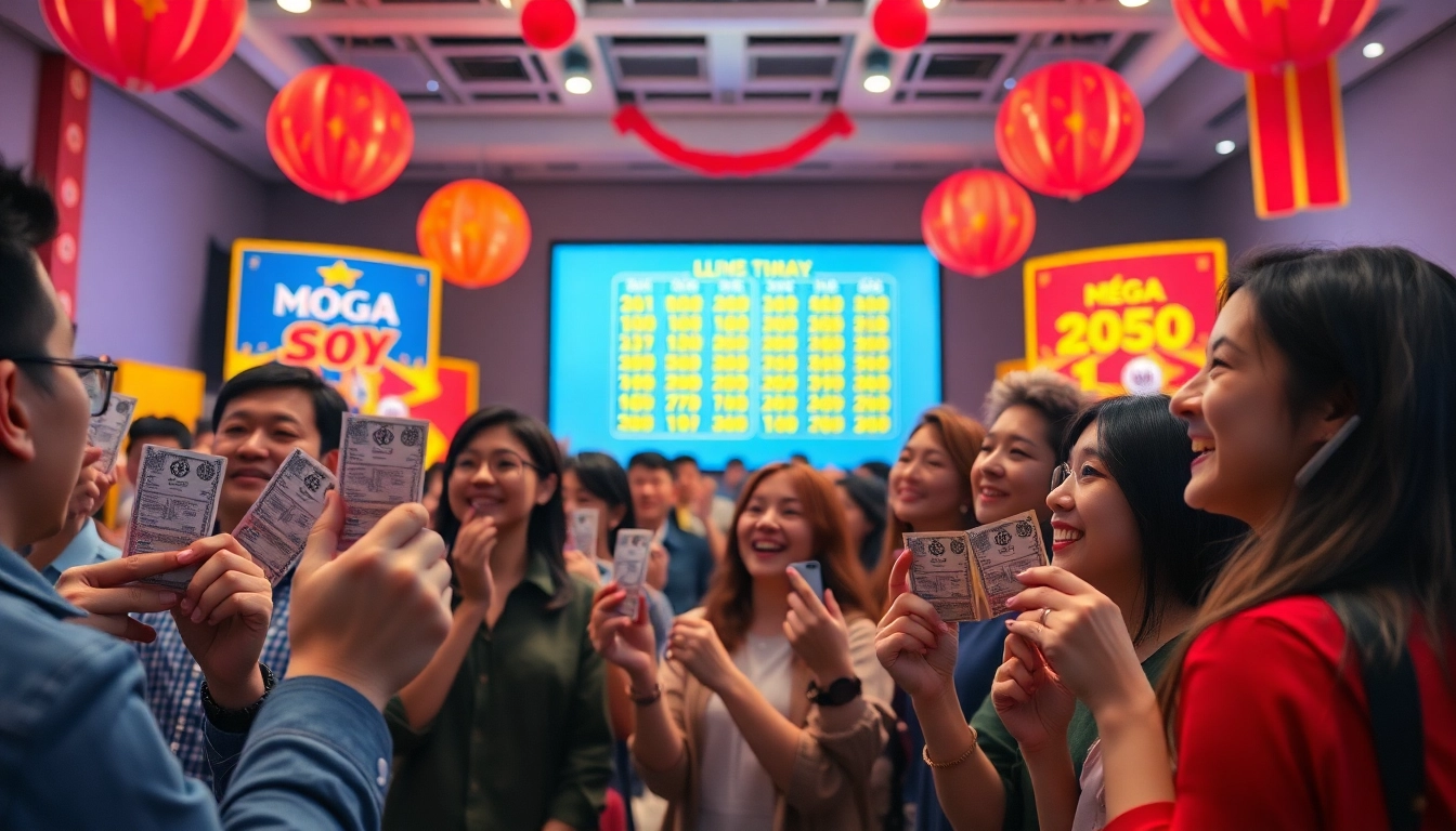 Xổ số hôm nay live draw event with diverse attendees celebrating winning numbers.