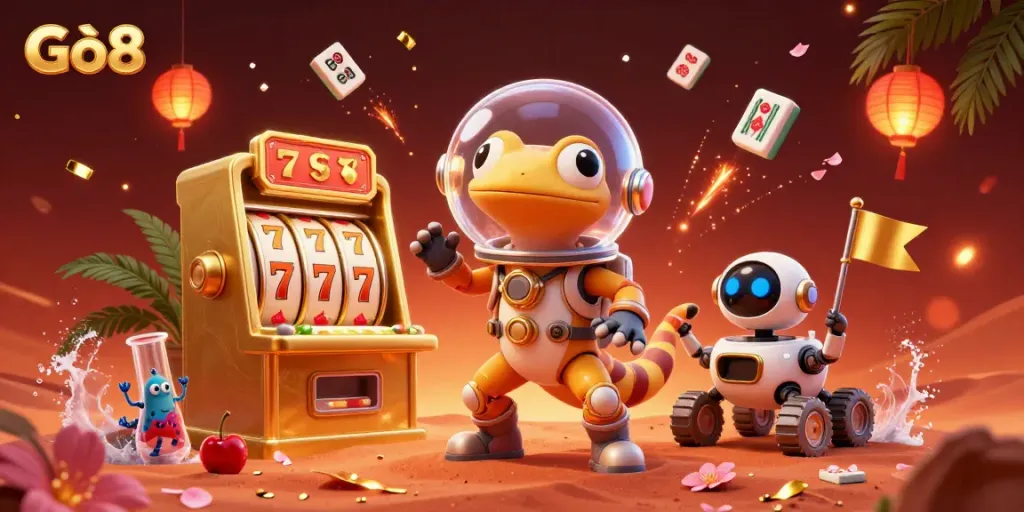 Experience the excitement at Gô8 as a Martian gecko discovers a golden casino amidst a vibrant space scene.