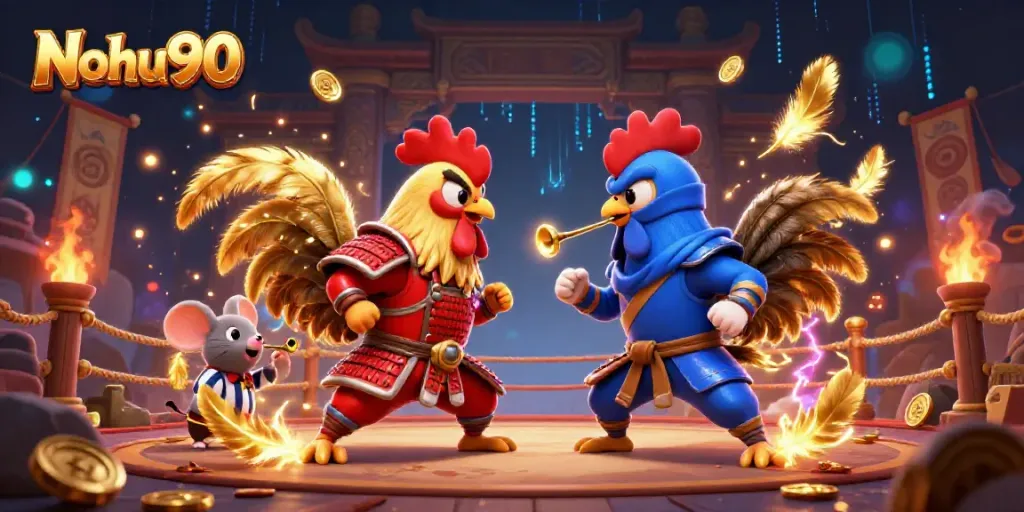 Experience the thrill of Nohu90's gaming scene with dynamic rooster match and vibrant casino elements.