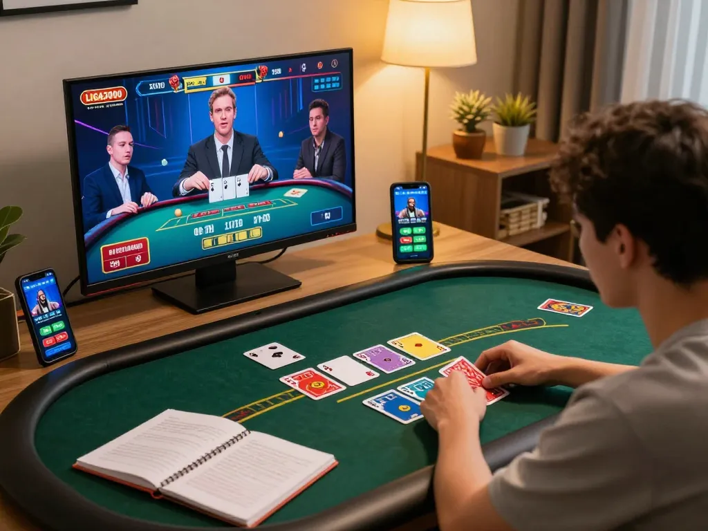 LIGA2000 players engaging strategically in an online blackjack game from home, featuring detailed interface visuals and focused atmosphere.