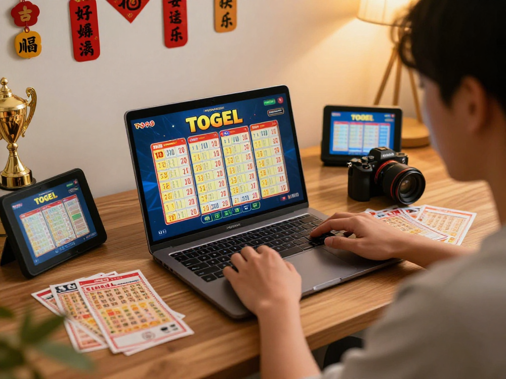 Pengguna situs togel online menikmati pengalaman taruhan dengan perangkat digital dan slip hasil.