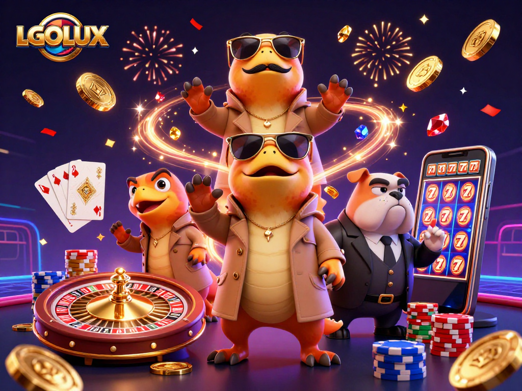 Marvel at LGOLUX as three raptors in disguise attempt VIP casino entry amidst golden coins and vibrant game elements.