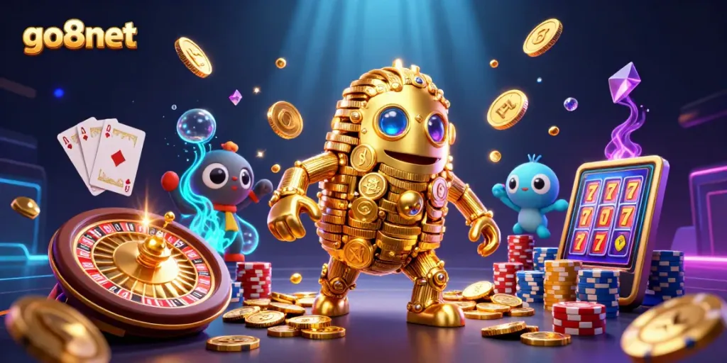 Spin the reels of go8net's casino with a golden golem and dynamic gaming elements.