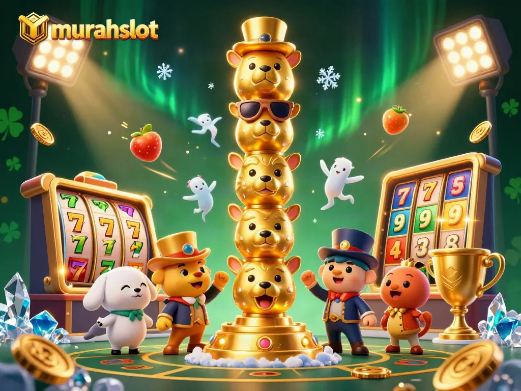 Engage with murahslot’s vibrant 3D casino scene showcasing golden totem poles, jackpot slots, and lively symbols.