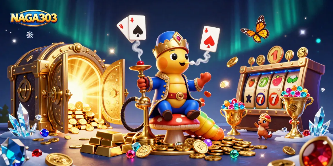 Experience exciting gameplay with NAGA303, showcasing thrilling slot symbols and golden treasures.