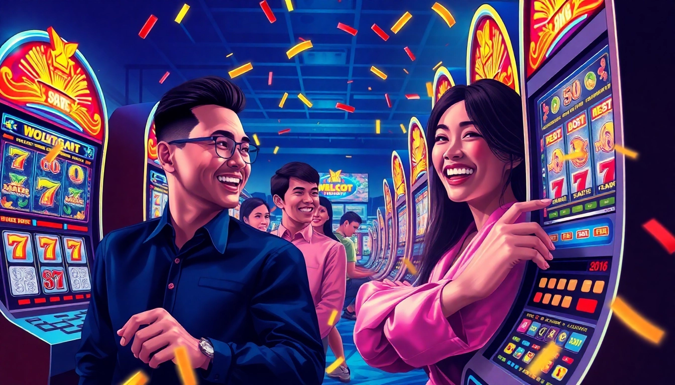 Vibrant illustration of players enjoying wonplay904 slot games, showcasing excitement and colorful slot machines.