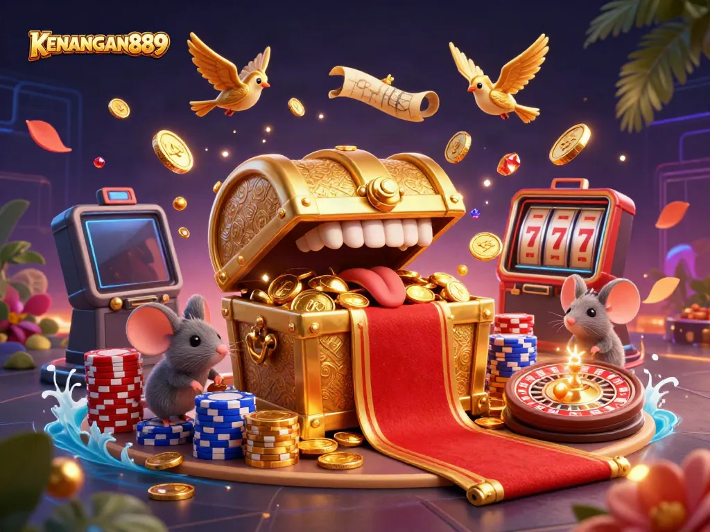 Attract adventurers to KENANGAN889 with a vibrant scene of a golden treasure chest and dynamic casino elements.
