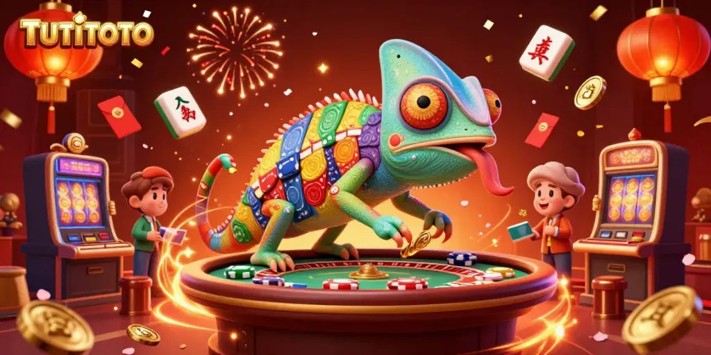 TUTITOTO casino scene showcasing a vibrant chameleon character capturing golden coins amidst entertaining gaming elements.