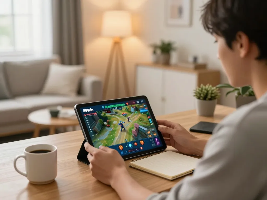 Engaging scene of user enjoying game 98win on tablet, showcasing strategic online gambling at home.