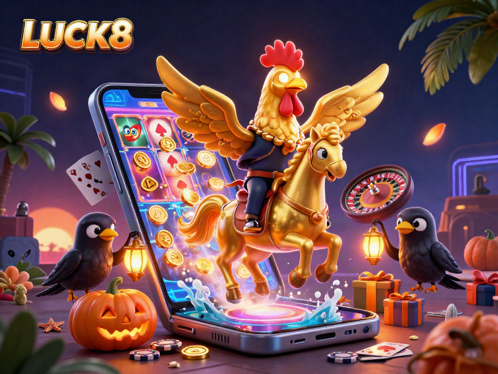 LUCK8 giúp người chơi thắng lớn trong sòng bạc với hình ảnh ngựa ma và gà vàng.