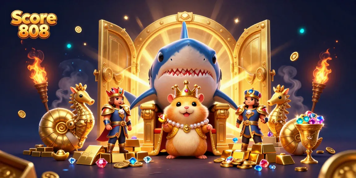 Experience live sports action with Score 808's captivating illustration featuring gold treasures and vibrant characters.