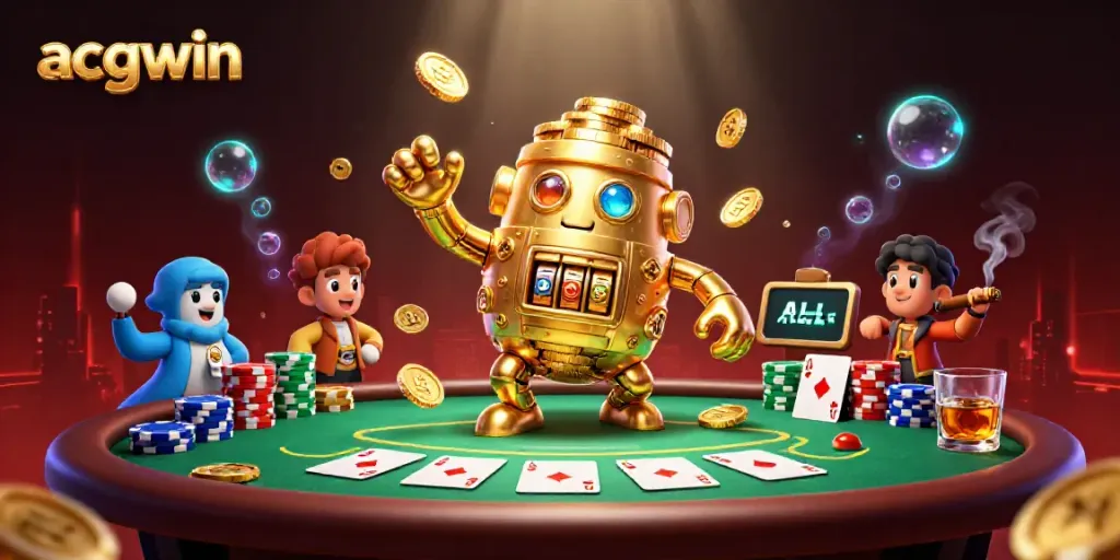 Experience acgwin in an ultra-detailed 3D casino scene showcasing a golden golem and vibrant poker elements.