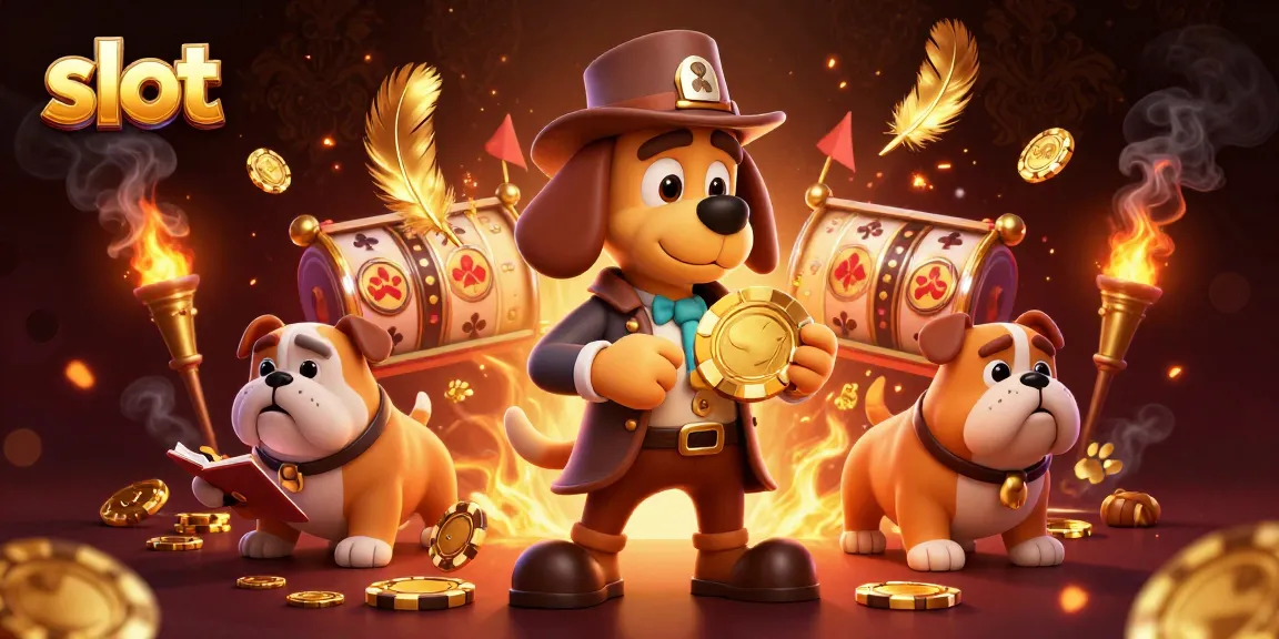 Engage with the slot adventure, featuring 3D detective characters uncovering golden poker chip clues amidst vibrant casino elements.